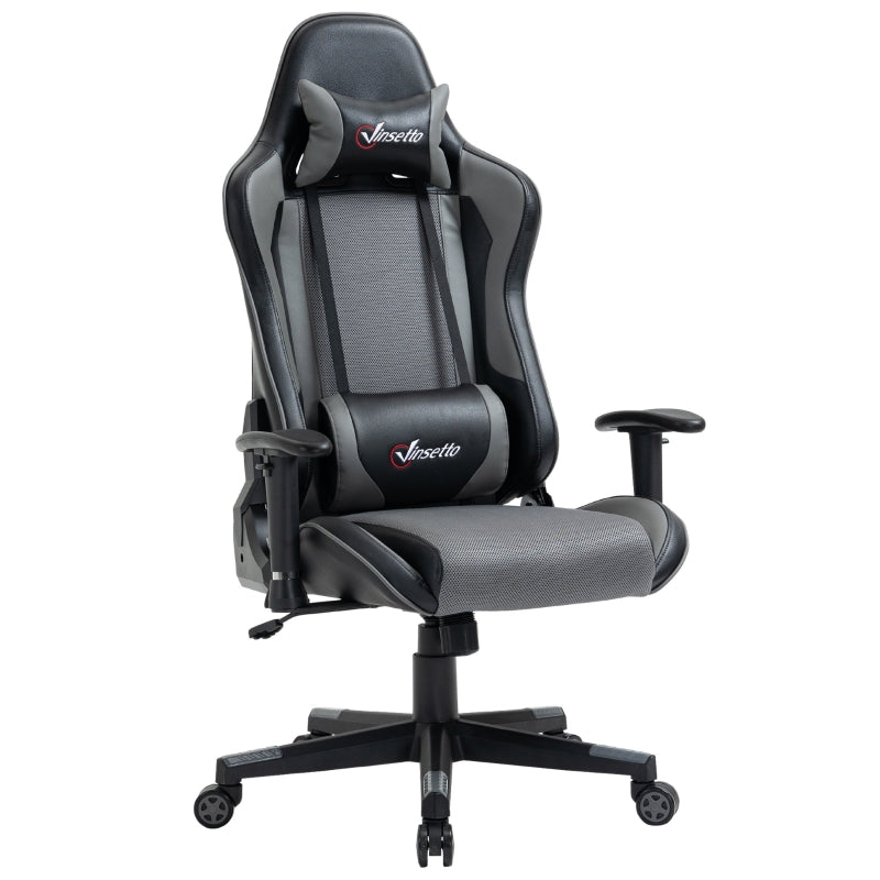 Grey Racing Gaming Chair with Headrest and Lumbar Support