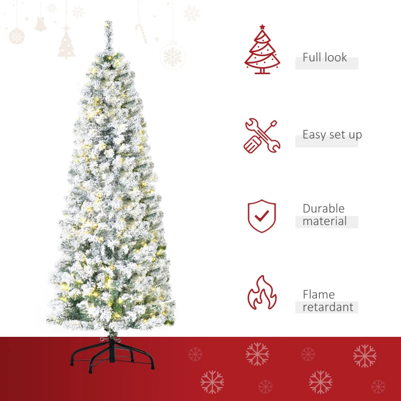 6FT Snow Flocked Christmas Tree with Warm White LED Lights, Green