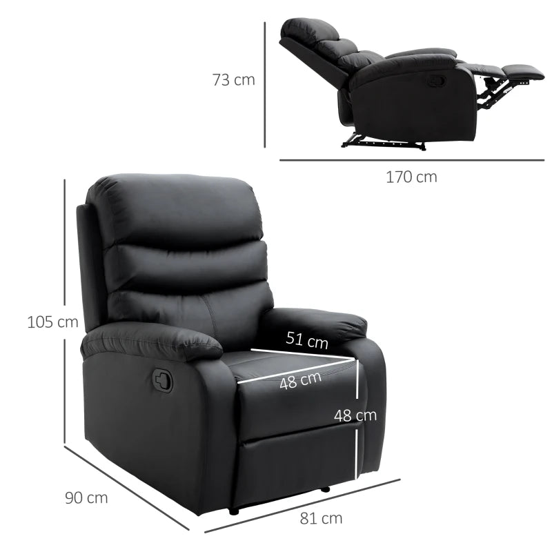 Black PU Leather Reclining Chair with Padded Armrests and Retractable Footrest