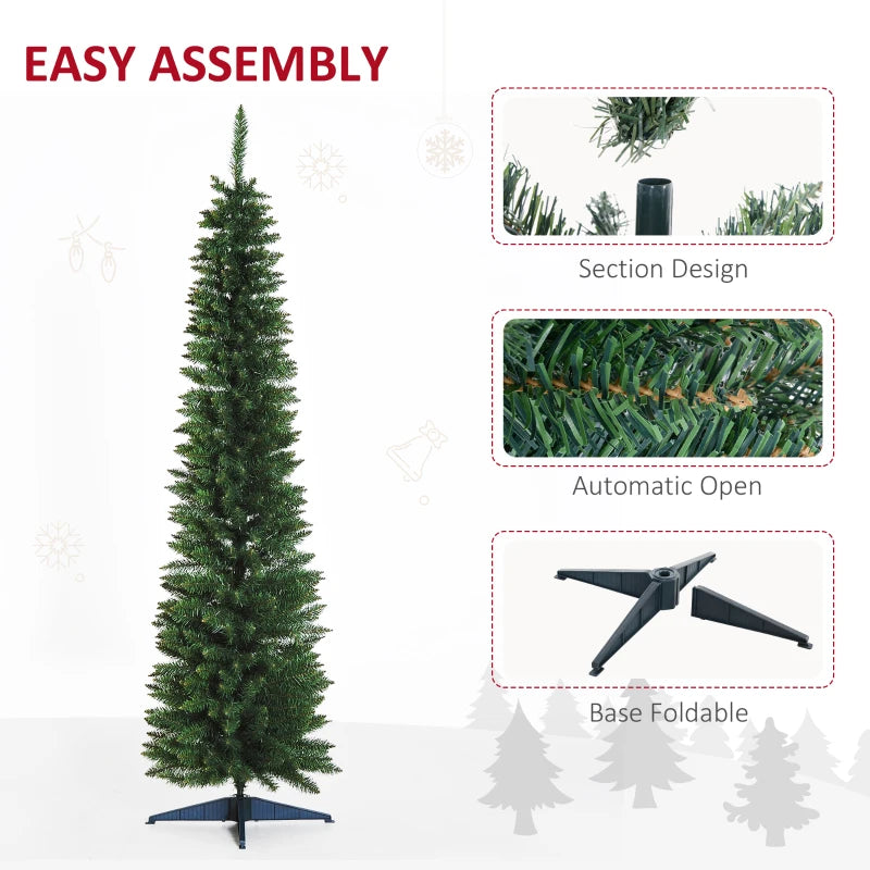 7ft Green Pencil Slim Artificial Christmas Tree with Realistic Branches