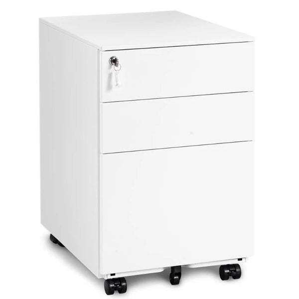 White 3-Drawer Lockable Steel File Cabinet on Wheels