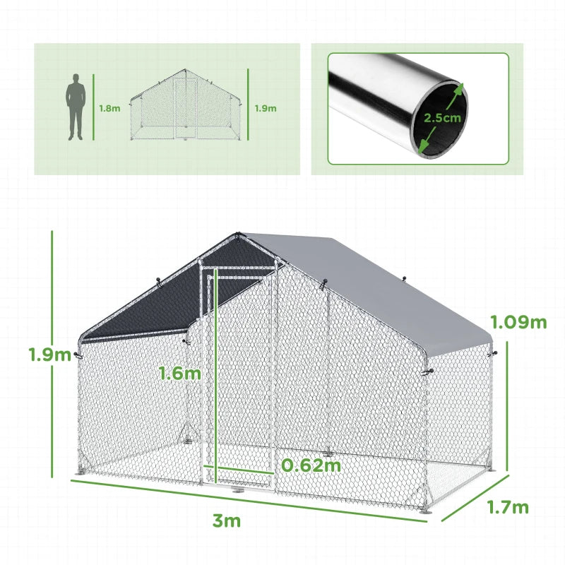 Galvanised Chicken Coop with Water-Resistant Cover, 3x1.7x1.9m, Grey