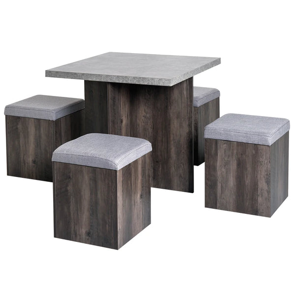 5-Piece Wooden Patio Dining Set with Storage Stools and Table - Grey