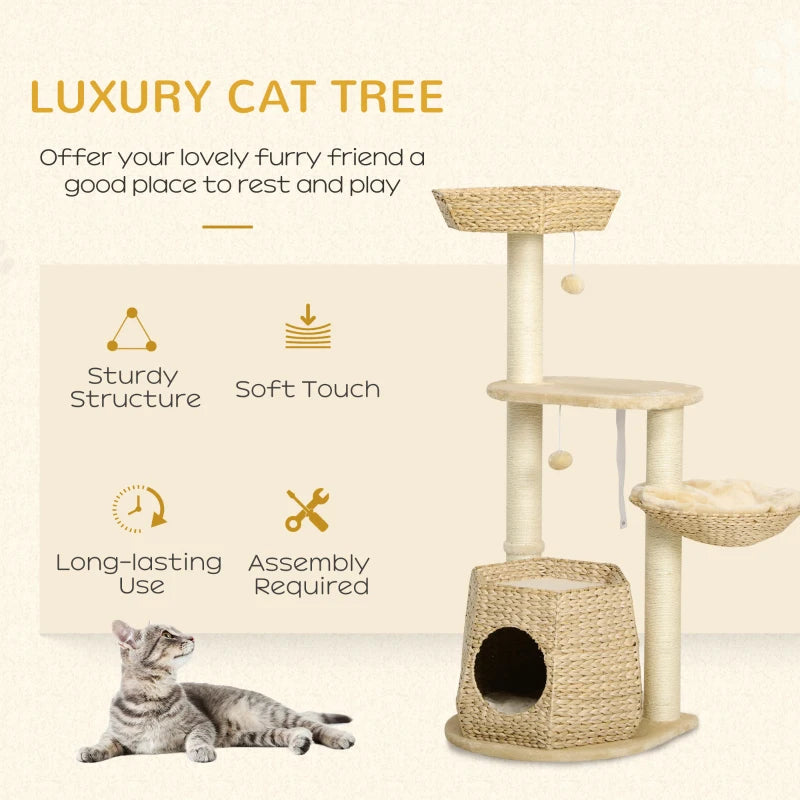 Cat Tree Activity Centre with Cattail, Bed, House, Sisal Post, Ball - Natural