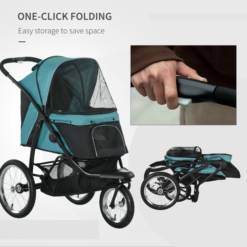 Green Foldable Pet Stroller with Canopy for Small and Medium Dogs