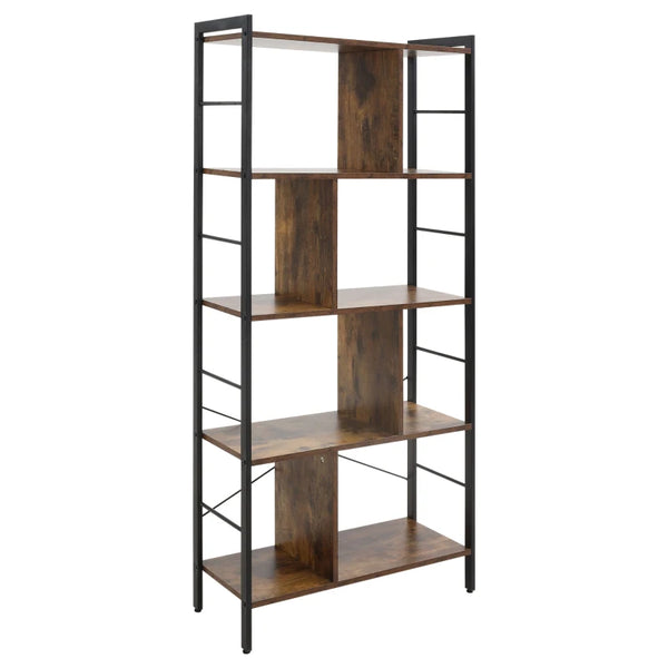 Rustic Brown 5-Tier Metal Frame Storage Shelf Bookcase