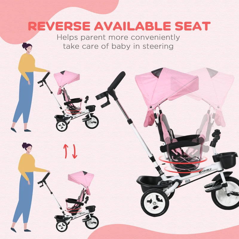 6-in-1 Pink Baby Push Tricycle with Parent Handle - Ages 1-5