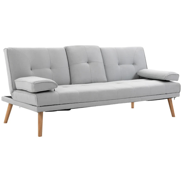 Grey 3 Seater Sofa Bed with Recliner and Cup Holder - Scandinavian Style