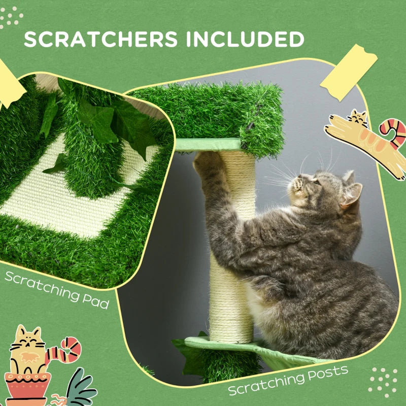 Green Cat Tree with Leaves, Scratching Posts, Hammock - 77cm