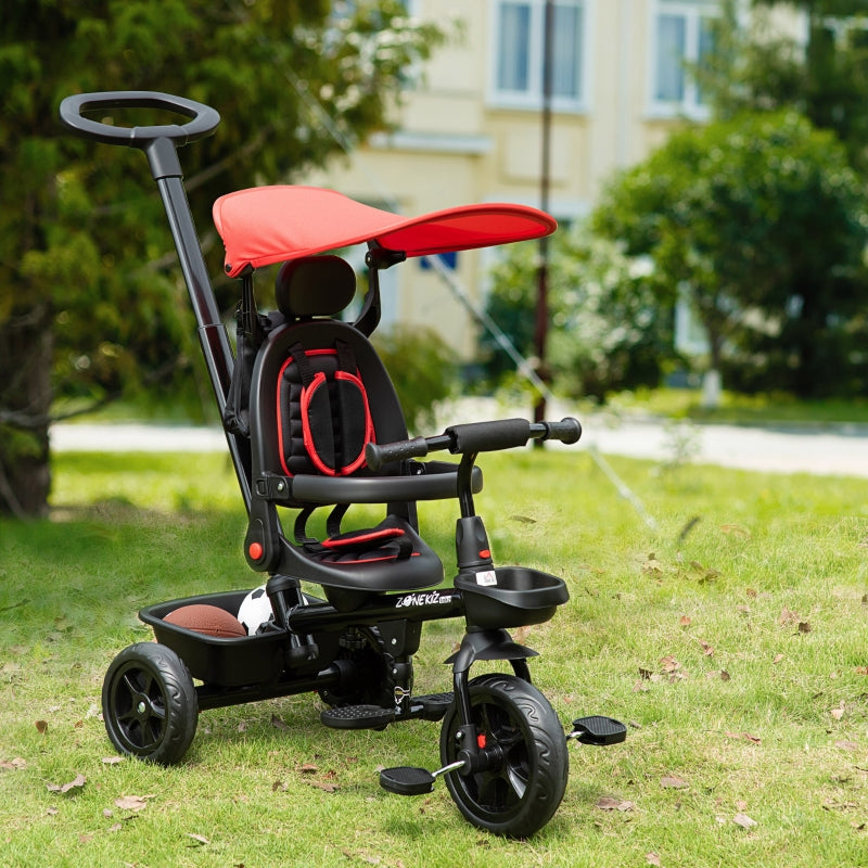 Red 4-in-1 Kids Tricycle with Adjustable Seat and Canopy