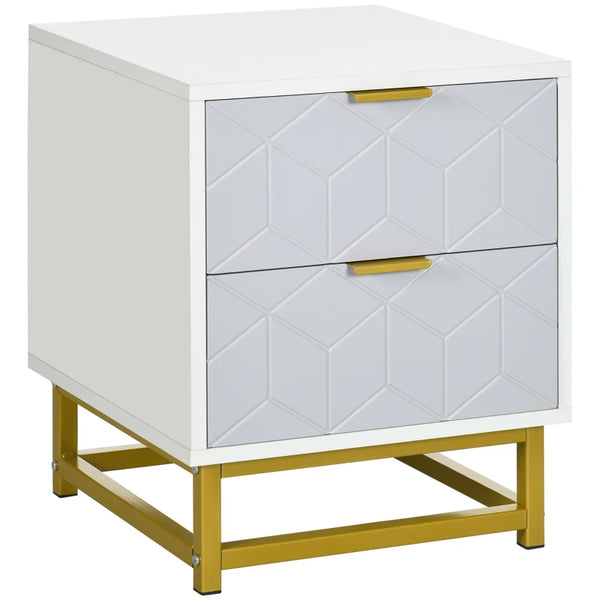 Grey and White 2-Drawer Bedside Table with Steel Frame