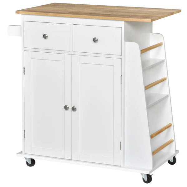 Rolling Kitchen Island Storage Cabinet with Rubber Wood Top - White