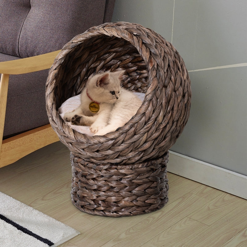 Brown Wicker Cat Bed with Raised Rattan Basket & Washable Cushion