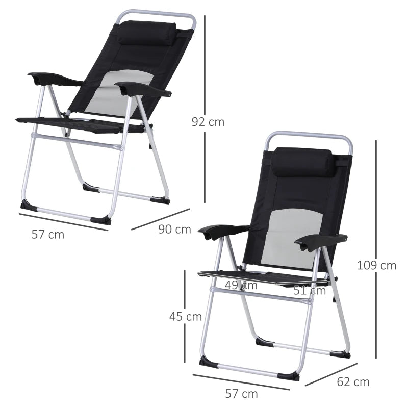 Black Folding Camping Chair with Adjustable Recliner and Pillow