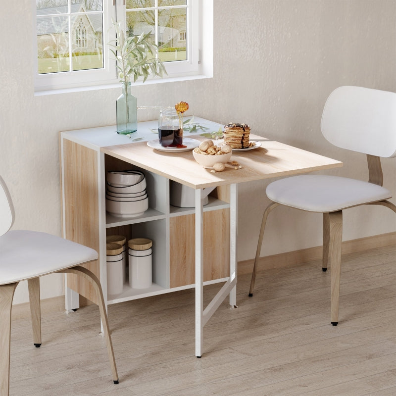 Foldable Drop Leaf Dining Table with Storage Shelves - Oak & White