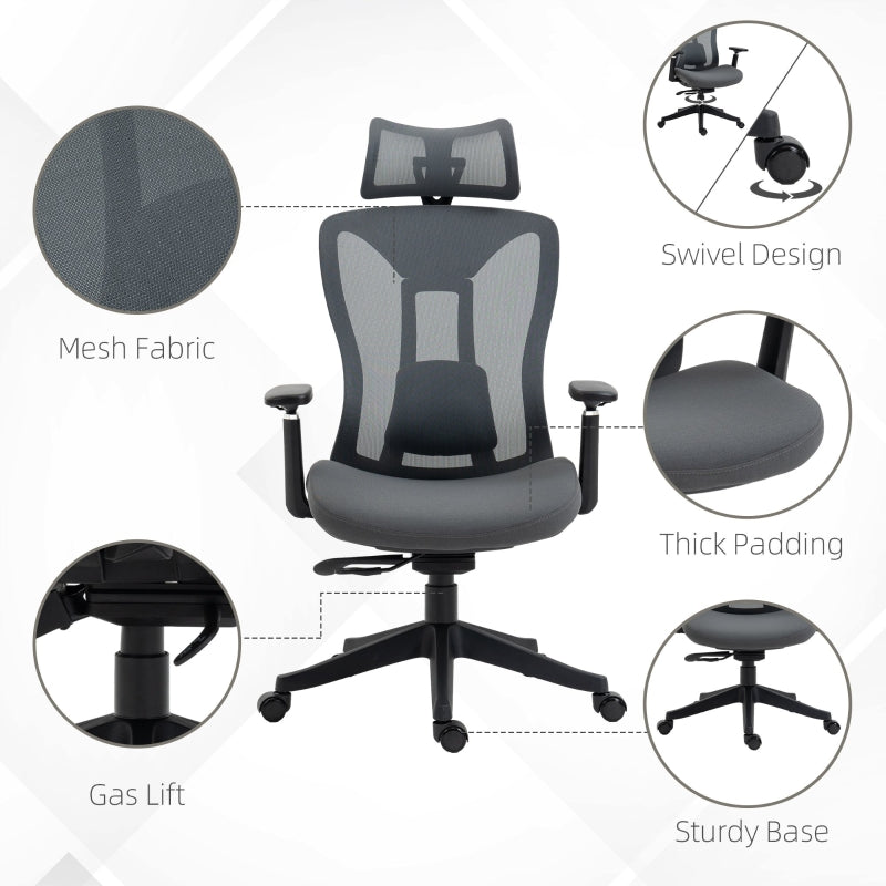 Grey Ergonomic Mesh Office Chair with Adjustable Headrest and Lumbar Support