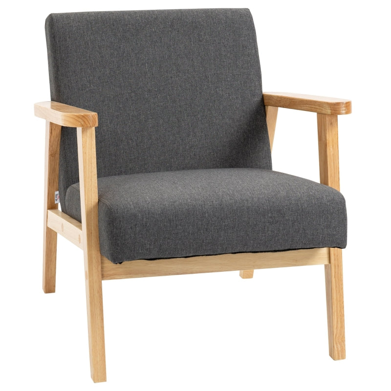 Dark Grey Fabric Armchair with Rubber Wood Frame and Padded Cushion