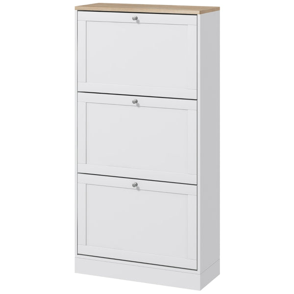 White Slim Shoe Cabinet with 3 Flip Drawers - 18 Pair Storage