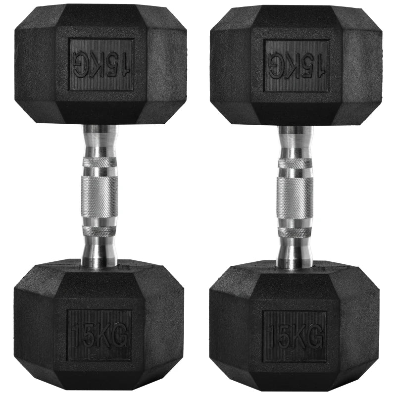 15kg Black Rubber Hex Dumbbell Set - Home Gym Hand Weights