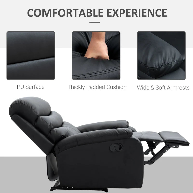 Black PU Leather Reclining Chair with Padded Armrests and Retractable Footrest