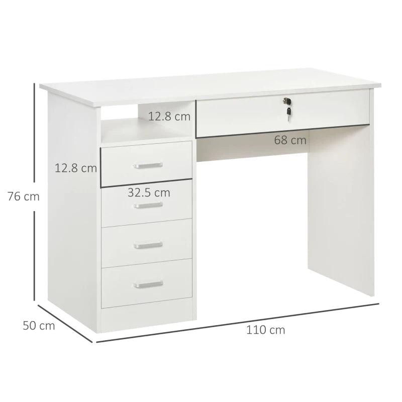 White Computer Desk with Lockable Drawer and Storage Shelf, 110 x 50 x 76 cm