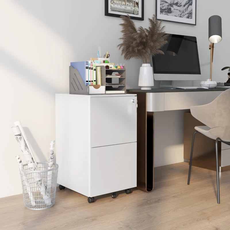 White 2-Drawer Steel Filing Cabinet with Lock and Wheels