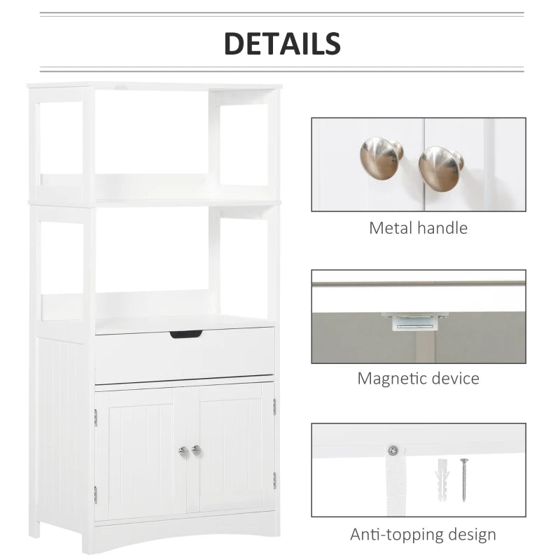 White Bathroom Floor Cabinet with Shelves, Drawer, and Doors