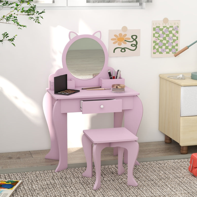 Kids Pink Cat Vanity Set with Mirror, Stool, Drawer & Storage - Ages 3-6