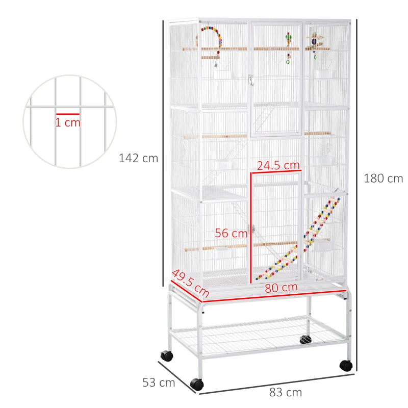 White 3 Tier Bird Cage with Stand, Wheels, Toys, Ladders, for Small Birds - Includes Accessories