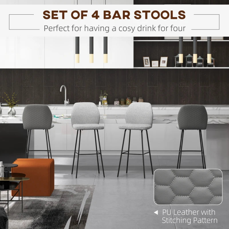 Set of 4 Light Grey Upholstered Bar Stools with Backs and Steel Legs