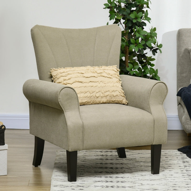 Beige Upholstered Accent Chair with High Back and Rolled Arms