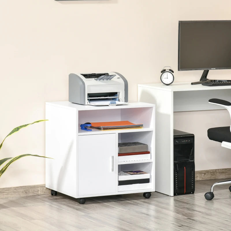 White Mobile Printer Stand with Storage and Wheels - Modern Office Desk Unit