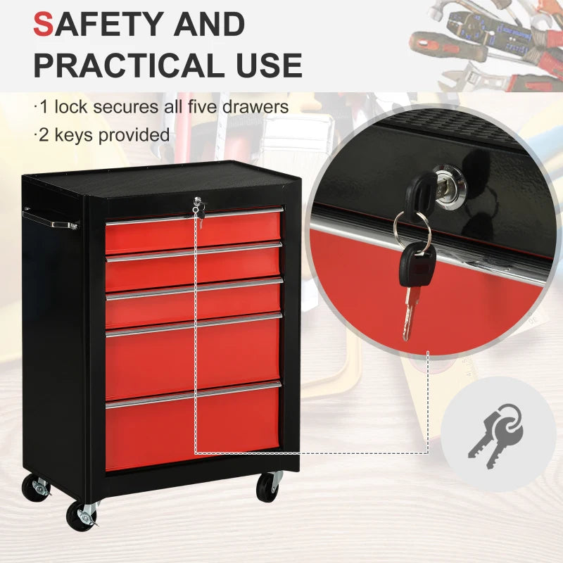 Red 5-Drawer Lockable Steel Tool Chest with Wheels and Handle