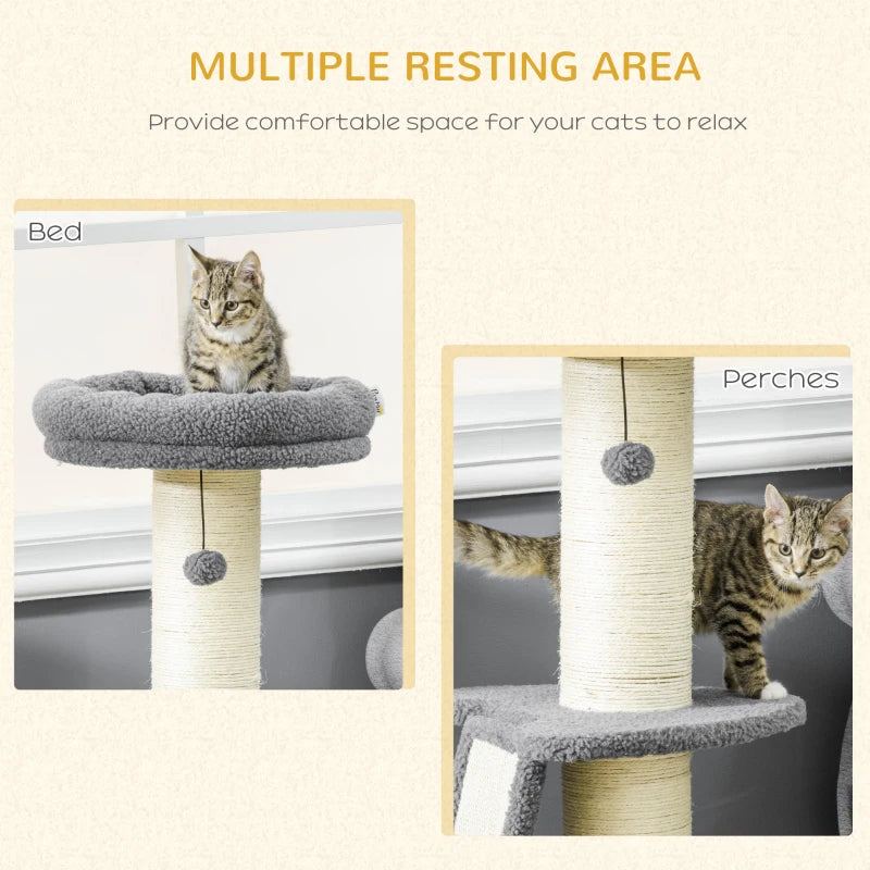 Cat Tree Tower with Scratching Posts and Toy Ball - Dark Grey