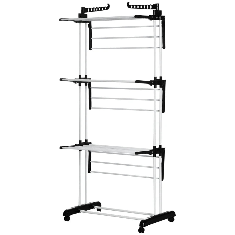 Black 4-Tier Foldable Steel Clothes Drying Rack with Castors