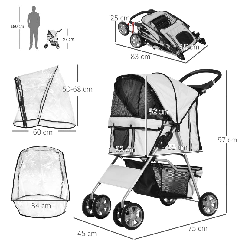 Grey Dog Stroller with Rain Cover for Small Dogs