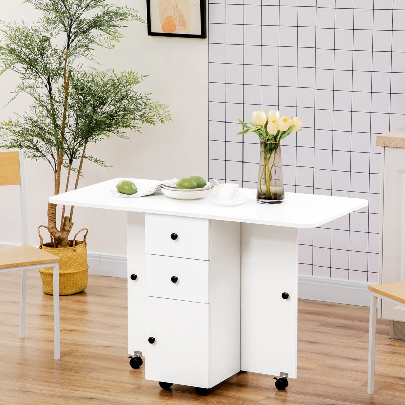 White Folding Dining Table with Storage Drawers and Wheels