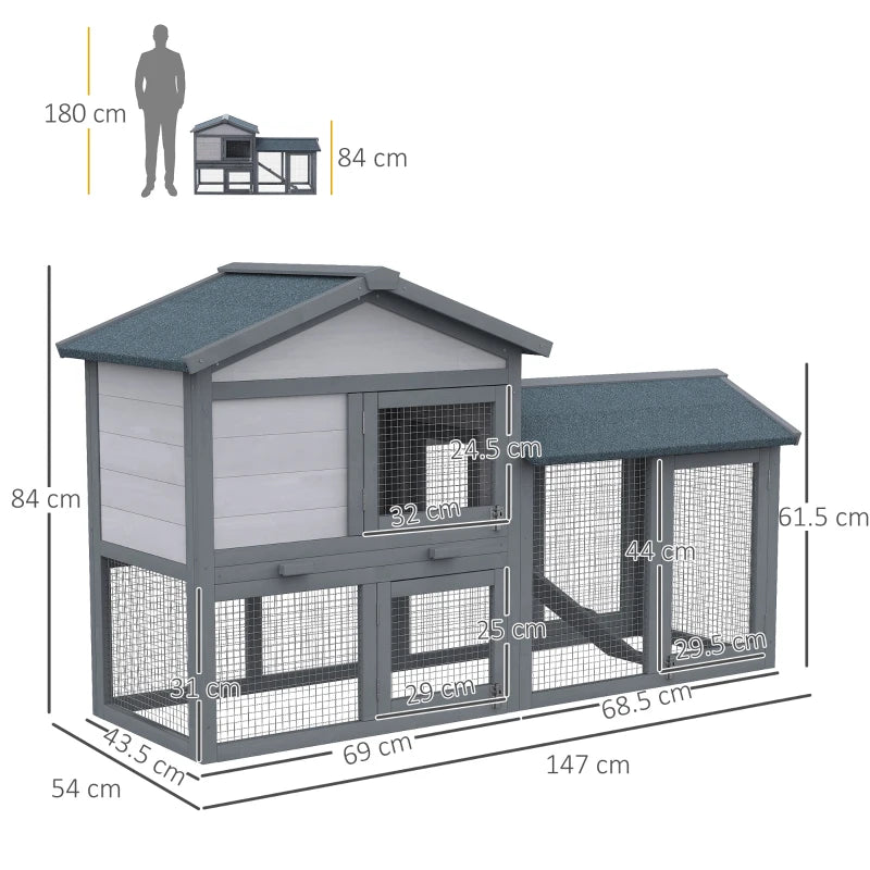 Wooden Double Tier Small Animal Hutch with Water-Resistant Roof, 147 x 54 x 84 cm