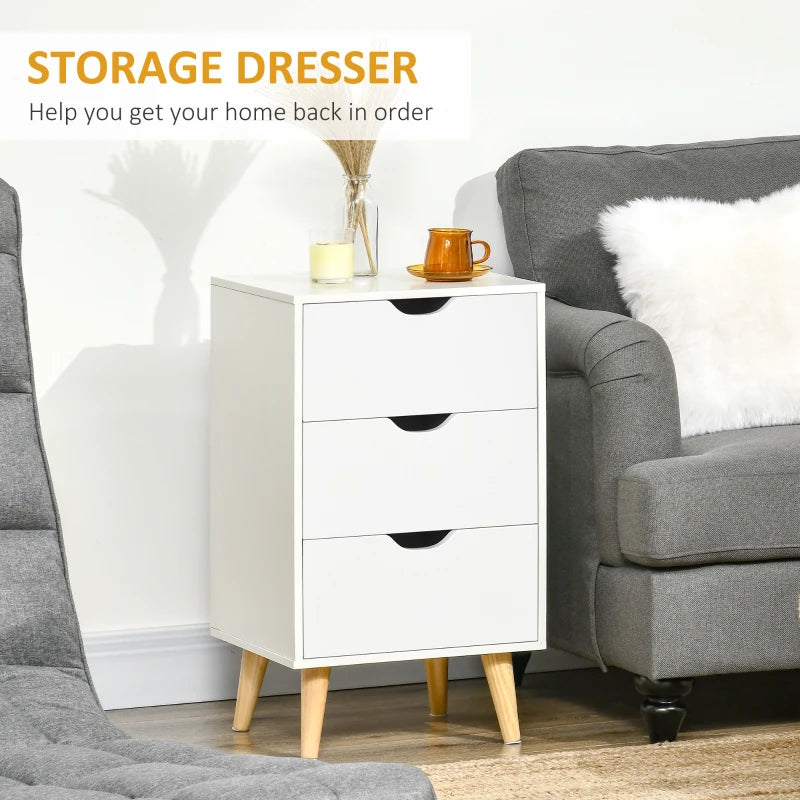 White 3-Drawer Bedside Cabinet with Wood Legs