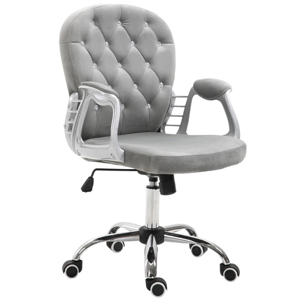 Grey Velvet Swivel Office Chair with Adjustable Height and Wheels