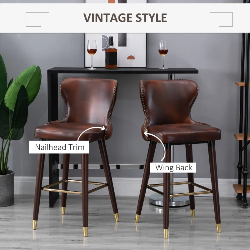 Brown PU Leather Bar Stools Set of 2, Retro Kitchen Chairs with Wingbacks and Footrest