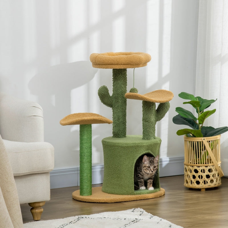 Green Cactus Cat Tree with Teddy Fleece House & Scratching Post