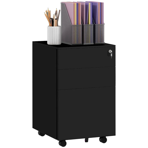 Black 3-Drawer Steel Filing Cabinet with Lock and Wheels