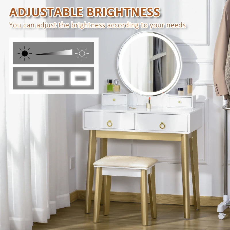 White LED Vanity Dressing Table Set with Mirror, 4 Drawers & Stool