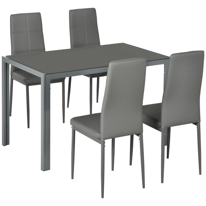 5-Piece Grey Dining Table Set with Glass Tabletop and Faux Leather Chairs