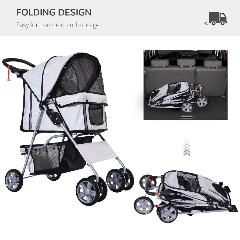 Grey Pet Stroller for Small Pets - Foldable Travel Carriage with Wheels