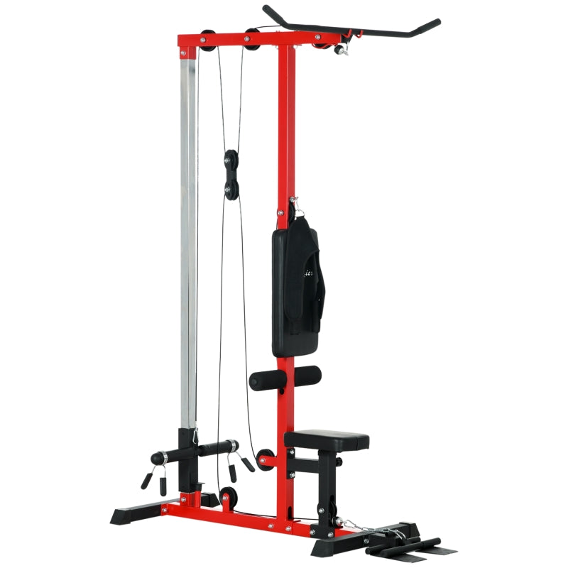 Red Pull Up Station with Adjustable Seat and Lat Pulldown - Home Gym Fitness Equipment