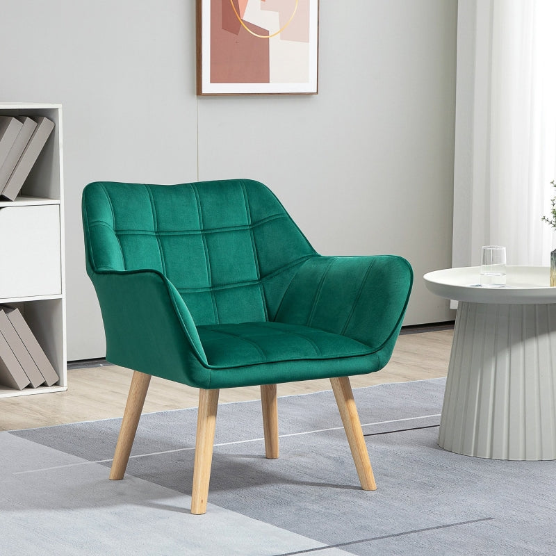 Green Upholstered Armchair with Wide Arms and Slanted Back