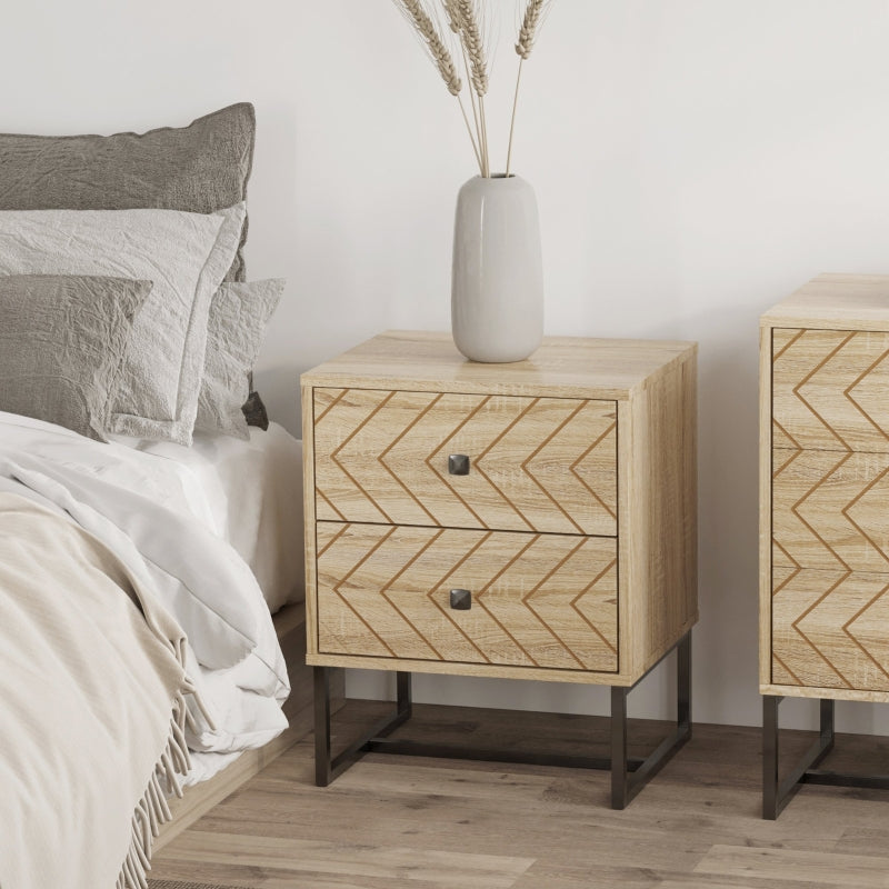 Modern Two-Drawer Nightstand with Zig Zag Design, Natural Finish