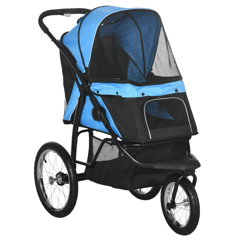 Blue Pet Stroller for Medium and Small Dogs - Foldable Jogger with Adjustable Canopy and Washable Cushion